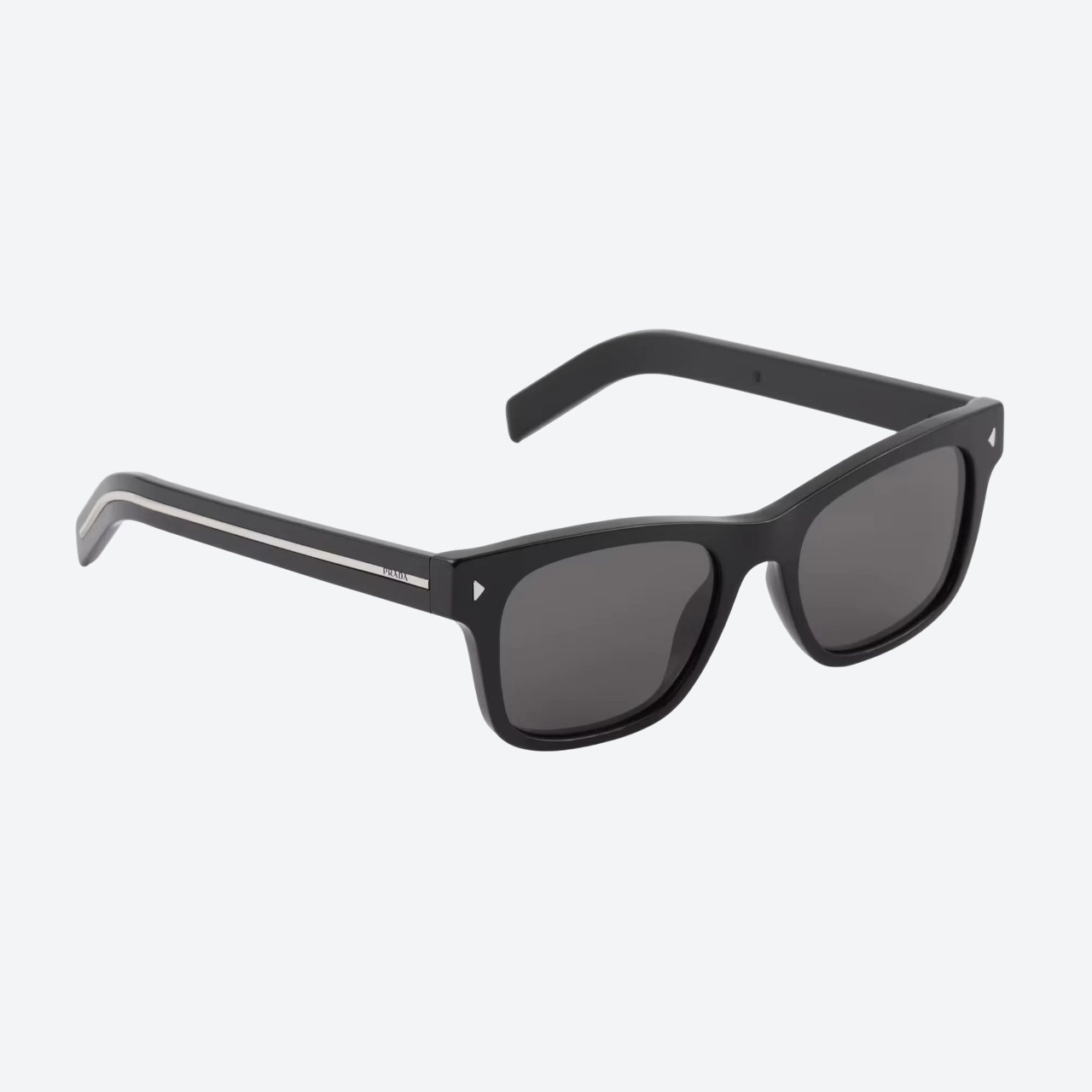 Prada sunglasses with iconic metal plaque and black lenses, front angle
